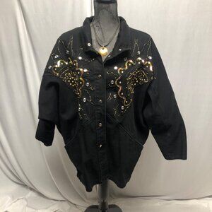 Pado California Embellished Black Denim Jacket Womens Medium-Large Vintage 80s